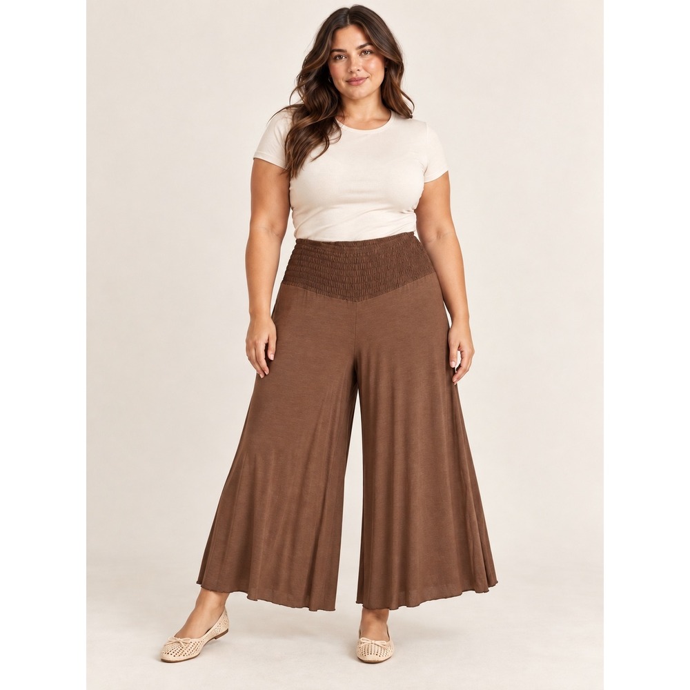 Apt. 9 Women Wide Leg Pants Size 1X Brown Smocked High Waist Flowy Gaucho Boho